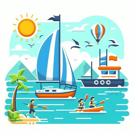 Yachts and boats in the sea. Vector illustration in flat styleのイラスト素材