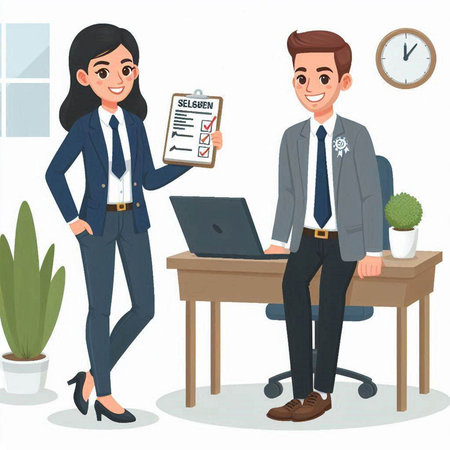 Vector illustration of a young businessman and businesswoman in the office.のイラスト素材