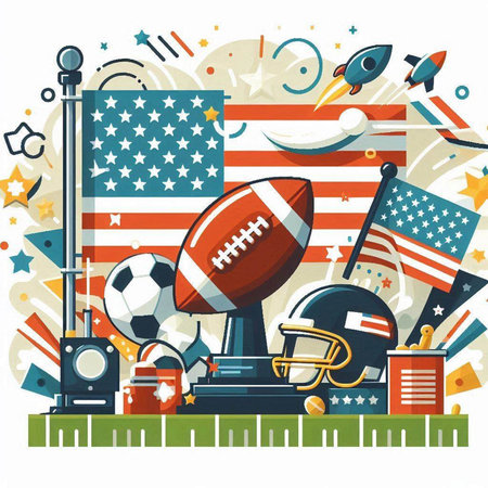 American football vector illustration. Flat style design with american symbols.のイラスト素材