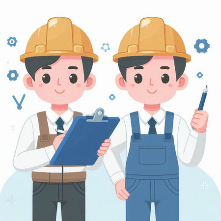 Construction worker and engineer with clipboard, vector illustration cartoon character design.のイラスト素材
