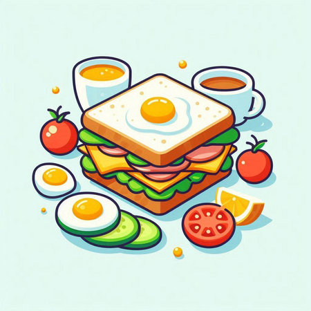 Vector illustration of a sandwich with fried egg, tomatoes, avocado and coffee.のイラスト素材