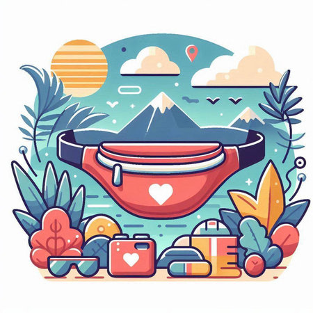 Vector illustration of a bag with a heart on the background of the mountains.のイラスト素材