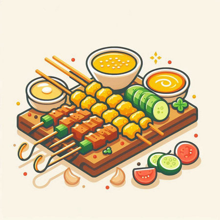 Skewers with sauce and pickled cucumber. Vector illustration.のイラスト素材