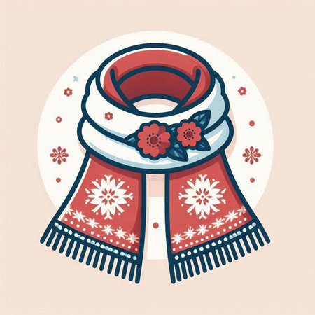 Vector illustration of a winter scarf and hat with flowers in a circleのイラスト素材