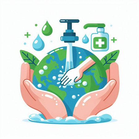 Vector illustration of hands washing globe with sanitizer or liquid soap.のイラスト素材