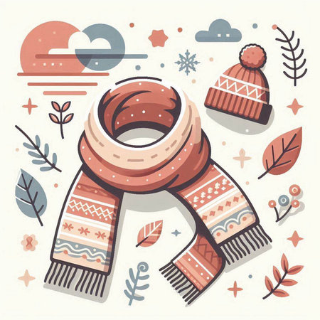 Vector illustration of winter scarf, hat and scarf. Flat style design.のイラスト素材