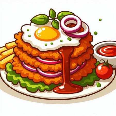 Illustration of a Fried Egg with Vegetables and Sauce on a Plateのイラスト素材
