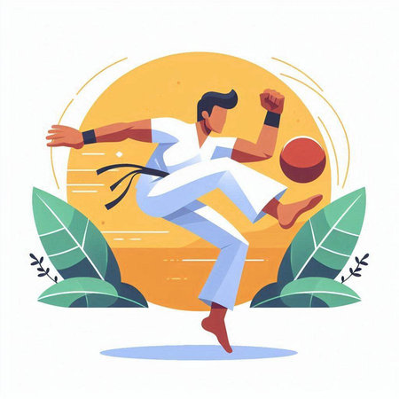 Tae Kwon Do student training in the park. Vector illustrationのイラスト素材