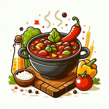 Illustration of a bowl of hot chili soup with ingredients on the tableのイラスト素材