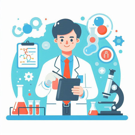Scientist working in laboratory. Vector illustration in flat cartoon style.のイラスト素材