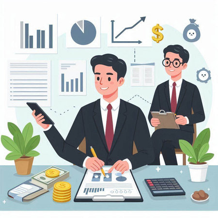 Businessman and businesswoman working together in office. Vector illustration.のイラスト素材