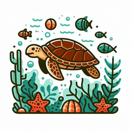 Sea turtle, seaweed, starfish and algae. Vector illustration.のイラスト素材