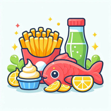 Fried fish with french fries, lemonade and ice cream. Vector illustrationのイラスト素材
