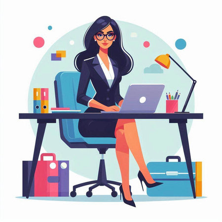 Businesswoman sitting at her desk and working on laptop. Vector illustrationのイラスト素材