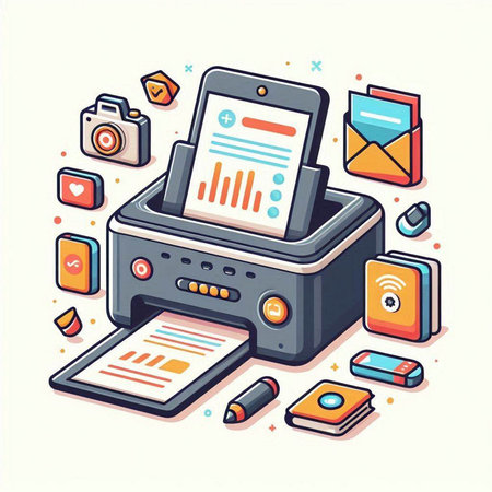 Printer with mobile phone, tablet and other gadgets. Vector illustrationのイラスト素材