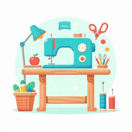 Sewing machine. Sewing workshop. Vector illustration in cartoon styleのイラスト素材
