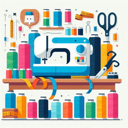 Sewing workshop. Sewing machine, thread, scissors, measuring tape and other tools. Vector illustrationのイラスト素材