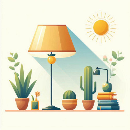 Illustration of home interior with a lamp, books, cactus and sunのイラスト素材