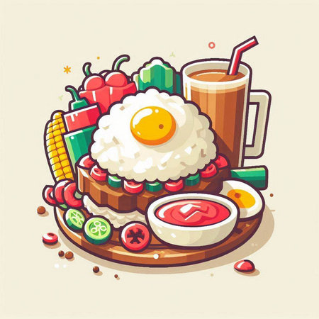Illustration of a breakfast with rice, fried egg, vegetables and a cup of coffeeのイラスト素材