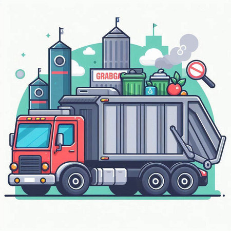 Garbage truck with garbage and waste. Vector illustration in flat styleのイラスト素材