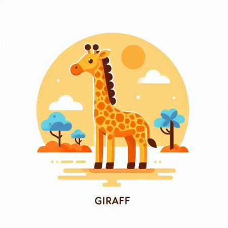 Giraffe flat vector illustration. Giraffe on background of savannah.のイラスト素材