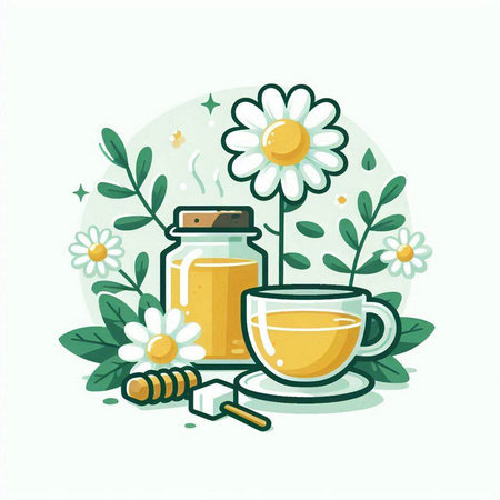 Cup of herbal tea with honey and daisies. Vector illustration.のイラスト素材