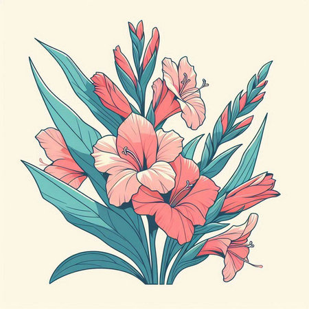 Bouquet of gladiolus flowers. Hand drawn vector illustration.のイラスト素材