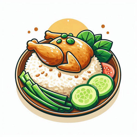 Illustration of a chicken with rice and vegetables on a white backgroundのイラスト素材