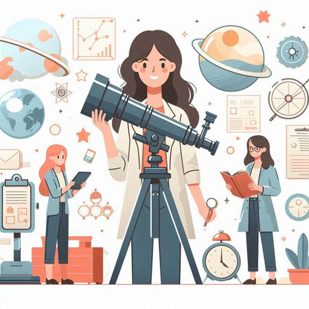 Astronomy and astronomy concept. Cartoon vector illustration of woman scientist looking through telescope.のイラスト素材