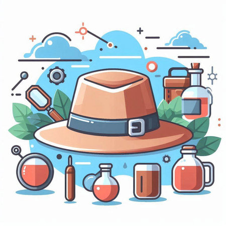 Vector illustration in flat style with hat, flask, tools and other items.のイラスト素材