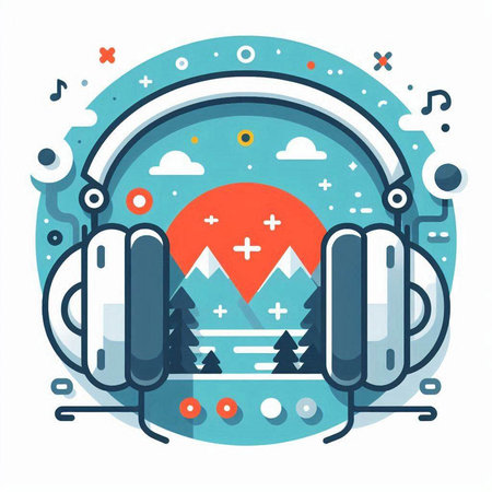 Vector illustration of headphones with mountain landscape. Flat line art design.のイラスト素材