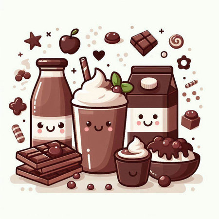 Cute cartoon illustration of milkshake with chocolate, ice cream and whipped cream.のイラスト素材
