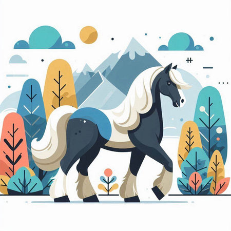 Horse in the mountains. Vector illustration in flat cartoon style.のイラスト素材