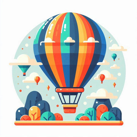 Hot air balloon flying in the sky. Vector illustration in flat styleのイラスト素材