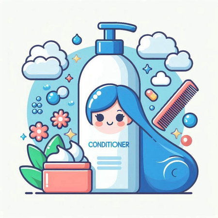 Cute cartoon girl with hair brush and shampoo bottle. Vector illustrationのイラスト素材