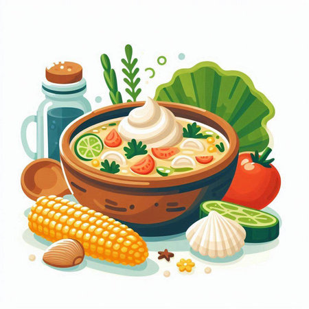 Soup with vegetables and sour cream in a bowl. Vector illustration.のイラスト素材