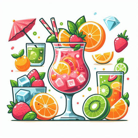 Fruit cocktail with ice cubes, lemon, orange, strawberry, kiwi, lime and mint. Vector illustration.のイラスト素材
