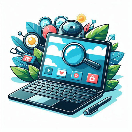 Laptop with social media icons. Vector illustration in cartoon style.のイラスト素材