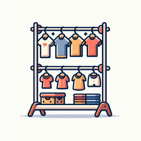 Clothes rack with different clothes. Vector illustration in doodle styleのイラスト素材