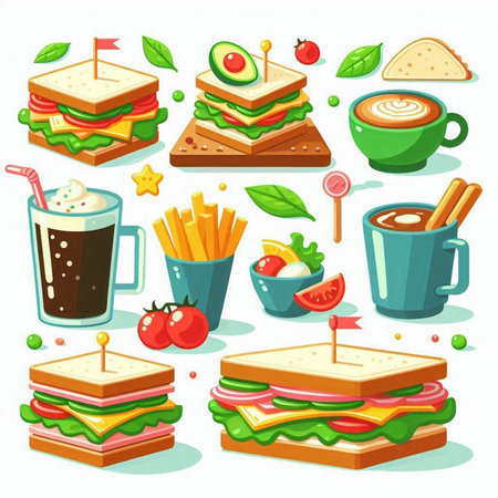 Sandwiches and coffee. Fast food. Vector illustration in cartoon style.のイラスト素材