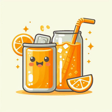 Cute cartoon orange juice glass with straw and slice of orange. Vector illustration.のイラスト素材