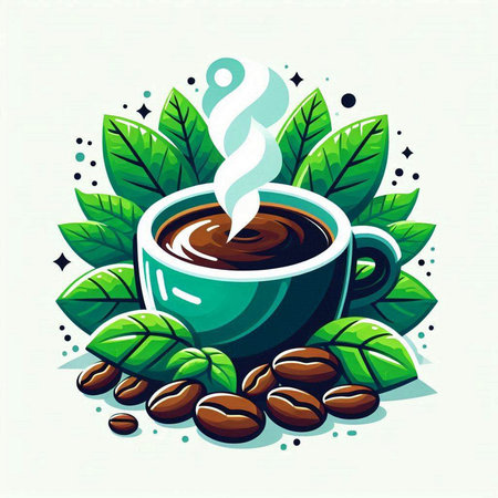 Coffee cup with coffee beans and leaves. Vector illustration.のイラスト素材