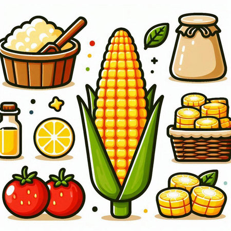 Illustration of a Set of Corn and Other Products on White Backgroundのイラスト素材