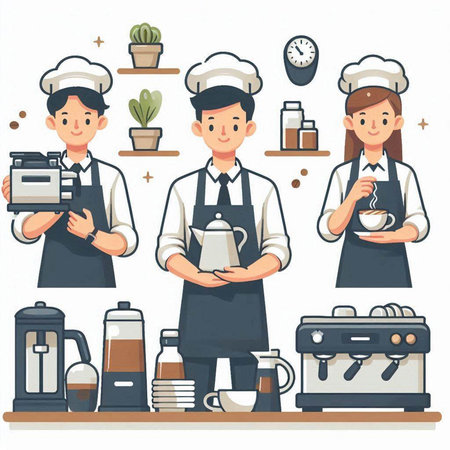 Coffee shop and cafe staff vector illustration. Cartoon man and woman characters in apron, chef, cook, barista, barista and cafe staff.のイラスト素材