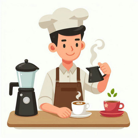 Coffee barista with cup of coffee, vector illustration.のイラスト素材
