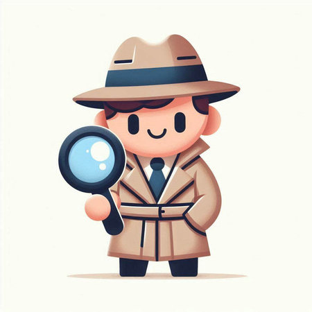 Cute detective with magnifying glass in hand. Vector illustration.のイラスト素材