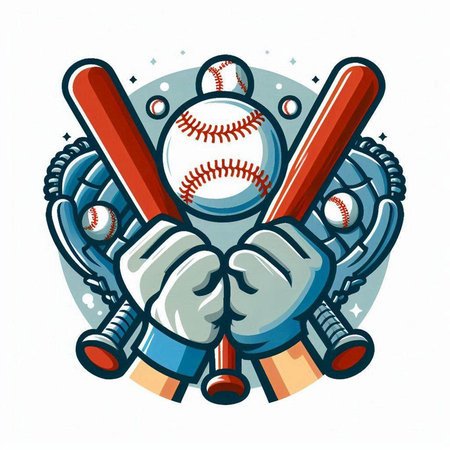Baseball emblem with crossed bats and ball in hands. Vector illustration.のイラスト素材