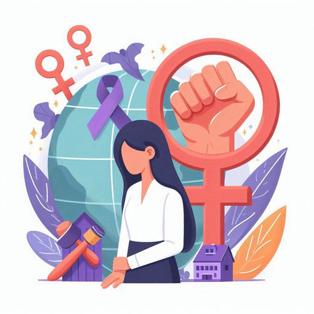 Protester woman holding pink ribbon. Female rights concept. Vector illustrationのイラスト素材