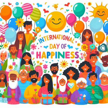 International Day of Happiness banner with group of people. Vector illustration.のイラスト素材