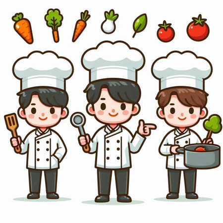 Chef boy and boy cartoon vector illustration. Isolated on white background.のイラスト素材